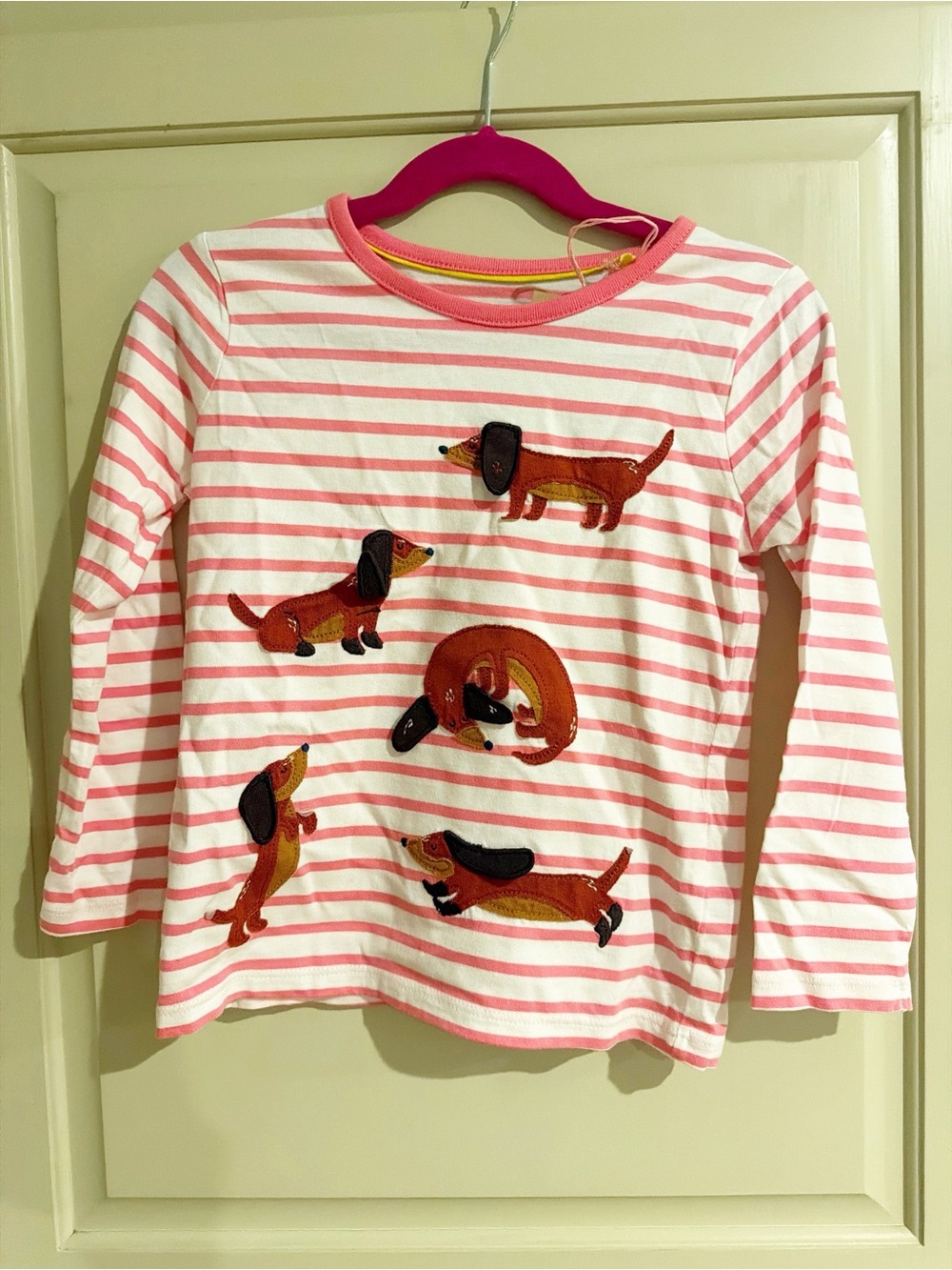 Mini Boden Pink & White Striped Long-Sleeve Tee with Dachshund Appliqués